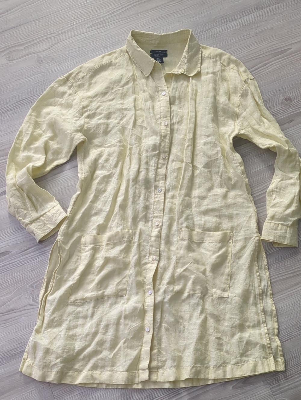 Jones & Co 100% Linen Shirt Dress Tunic Women's Medium Yellow Button Front Pocke